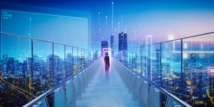 Geschäftsmann geht über eine futuristische Brücke auf eine digitale Großstadt mit leuchtenden Datenpfaden zu.
